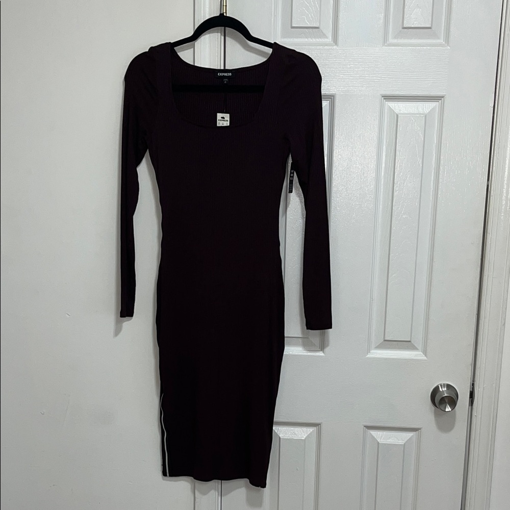 Express Long Sleeve Ribbed Dress - Deep Burgundy | Size XS